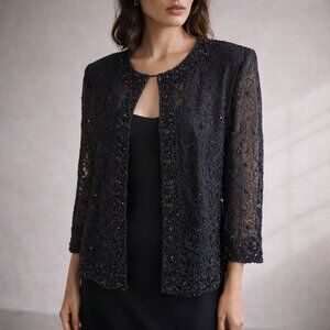 Brilliante Vintage Sheer Black Beaded Evening Jacket Size M Open Front